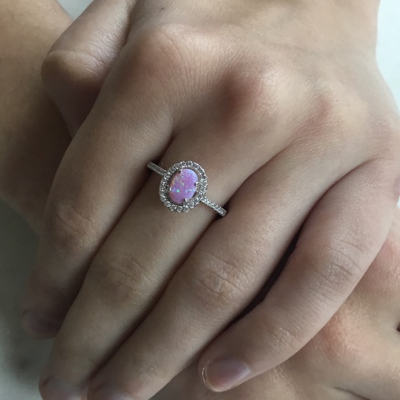 Sterling Pink Lab Opal and Clear CZ Oval Halo Ring - Picture 6 of 16
